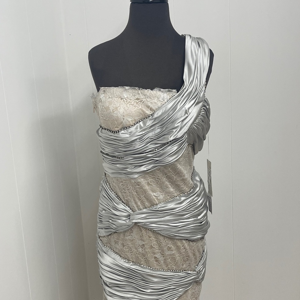 Feriani Couture Silver Lace Satin One Shoulder Cocktail Dress Style 18203 Sz 12